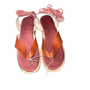 Cognac Leather Strap, Wooden Sole Women's Sandals
